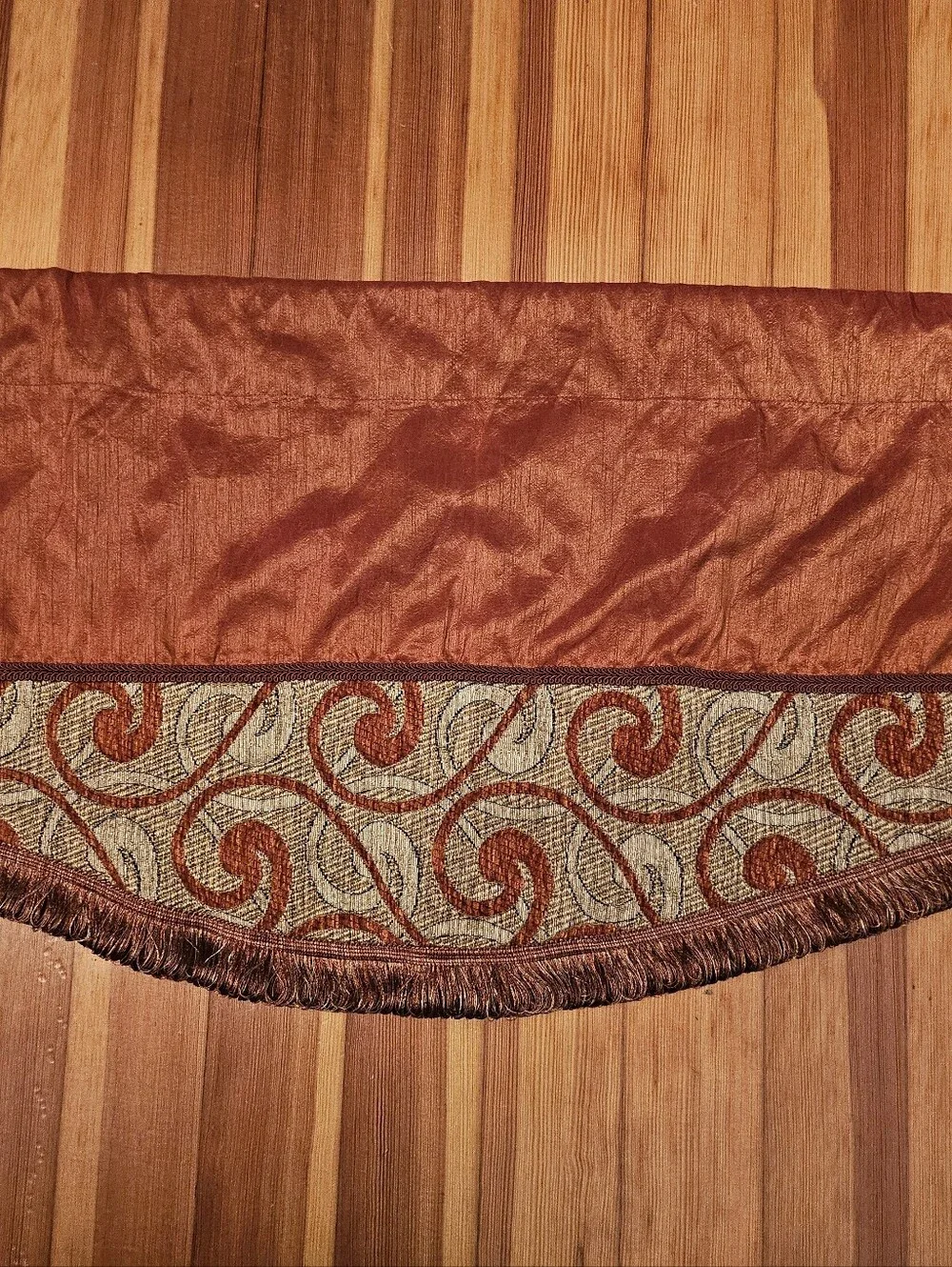 Rust Orange Valance- Patterned Brocade Border W Fringe